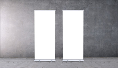 Empty rollup banners stand. Blank template mockups. Exhibition stand roll-up banners, screen for you design. Vertical white roll-ups for preview.