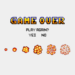 explosion game over message pixel art style retro vector illustration