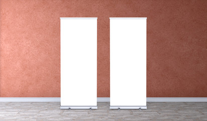 Empty rollup banners stand. Blank template mockups. Exhibition stand roll-up banners, screen for you design. Vertical white roll-ups for preview.