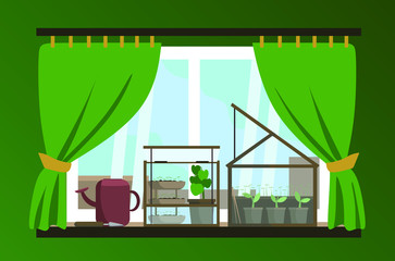 Home mini glass greenhouse for house and balcon. Flat vector illustration. Gardening and plant. Garden and seeds. Take care of green friends. Picture for web site banners and postcards. On window