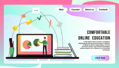 Flat design modern vector illustration online education and and e-learning. User choose online course. It proposes video-on-demand, forum, communication. Web home education banner for landing page