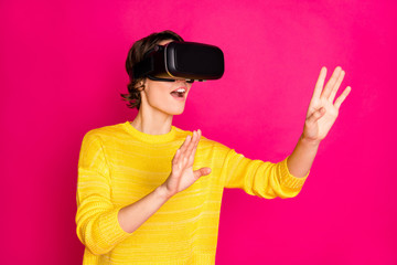 Portrait of positive cheerful youth teen girl have vr-box play virtual reality game search...