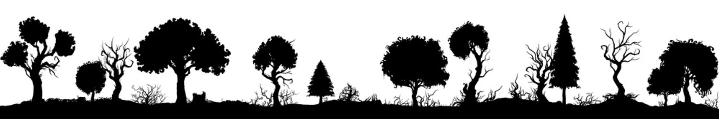 Decorative trees in a line/ Illustration phantasy bizarre forest silhouette in one row - obrazy, fototapety, plakaty