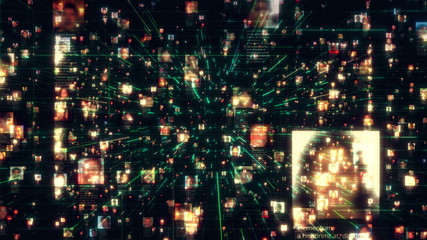 Social network as a flood of bright unrecognizable people portraits moving along green network grid and data connections. Business, technology, communications or social media motion background. 3D