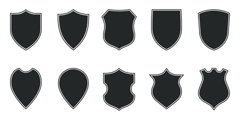 Shields graphic icons set. Blank heraldic shields signs isolated on white background. Symbols power, protection and coat of arms. Vector illustration