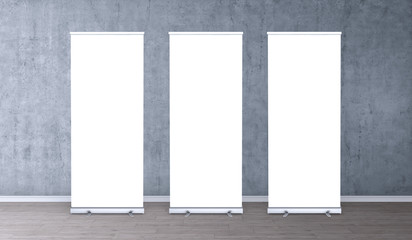 Empty three rollup banners stand. Blank template mockups. Exhibition stand 3 roll-up banners, screen for you design. Vertical white roll up for preview.