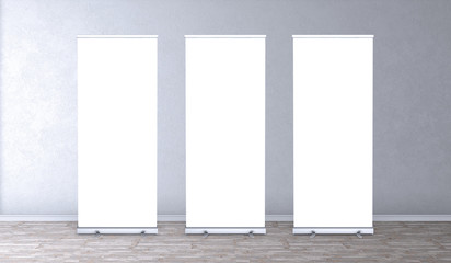 Empty three rollup banners stand. Blank template mockups. Exhibition stand 3 roll-up banners, screen for you design. Vertical white roll up for preview.