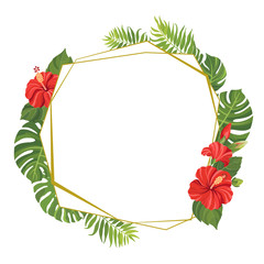 Red tropical flowers and green leaves polygonal frame template. Hibiscus floral border with place for text. Vector illustration.