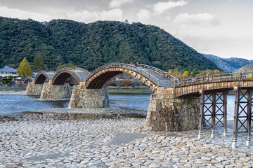 Kintai Bridge (Kintaikyo) Famous Arch bridge (Brocade Sash Bridge) and Panorama Iwakuni Landmark Cityscape Skyline, Hiroshima, Yamaguchi, Japan
