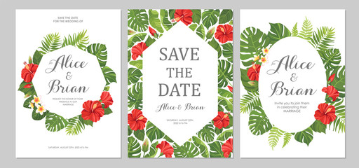 Wedding invitation set. Cards with red flowers hibiscus and tropical green leaves. Floral border. Save the date, invite, birthday card design. Vector illustration.