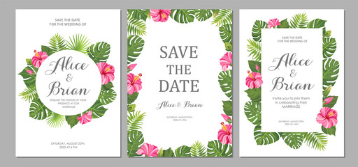 Wedding invitation set. Cards with pink flowers hibiscus and tropical green leaves. Floral border. Save the date, invite, birthday card design. Vector illustration.