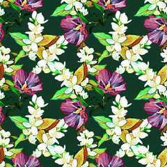 Jasmine and exotic flowers seamless pattern.