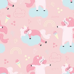 Seamless pattern with unicorns, hearts, diamonds, stars, clouds and rainbows on a pink background. Vector illustration for creating seamless patterns, printing on a postcard, fabric, or clothing.