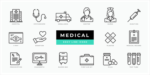 Medical icon set - minimal thin outline, web icon and symbol collection – hospital, doctor, care, lab, medicine, health, ambulance, emergency, nurse, pills, blood. Simple edgy vector illustration.