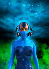 young woman in sci-fi suit, gas mask