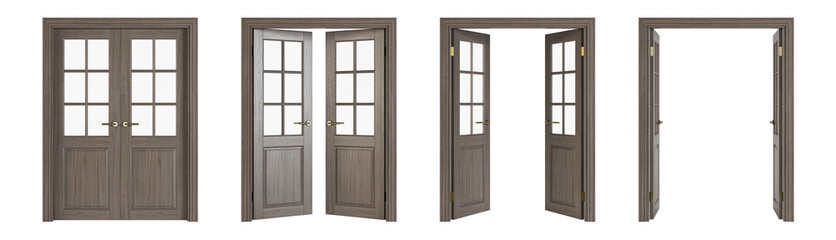 Interroom door isolated on white background. Set of wooden doors at different stages of opening. 3D rendering.