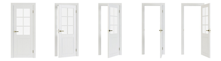 Interroom door isolated on white background. Set of wooden doors at different stages of opening. 3D rendering.