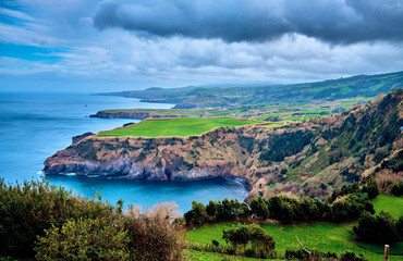 San Miguel Island. Azores, Portugal. Scenic landscape with beautiful cliffs near the Atlantic Ocean. © badahos