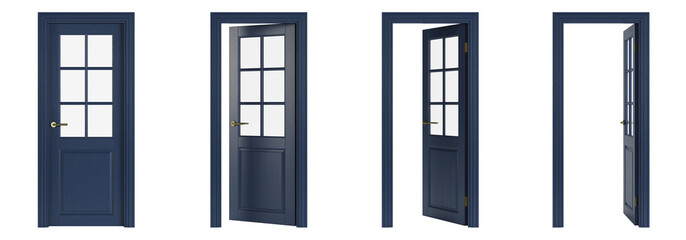 Naklejka premium Interroom door isolated on white background. Set of wooden doors at different stages of opening. 3D rendering.