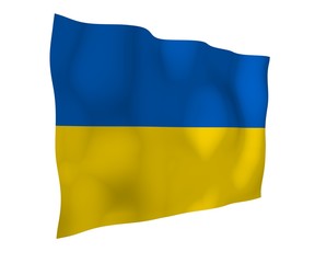 Obraz premium The flag of Ukraine on a white background. National flag and state ensign. Blue and yellow bicolour. 3D illustration waving flag