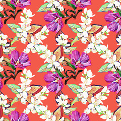 Jasmine and exotic flowers seamless pattern.