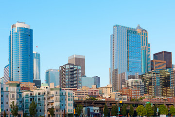 Naklejka premium Buildings at downtown waterfront, Seattle, Washington, United States.