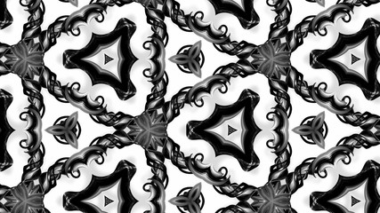 black and white stripes are twisted forming complex symmetric periodic structures like ornament pattern for kaleidoscope