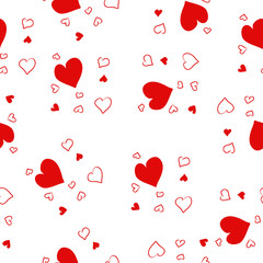 White seamless vector pattern with red hearts, love. Art continuous illustration modern