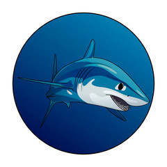 Mako shark. Swimming shark in a blue circle. Animal illustration Logotype for diving business or underwater aquarium center. Isolated on white background. Deep sea ocean wildlife predator logo icon
