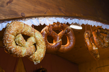 Bavarian authentic pretzels for Oktoberfest or Autumn Fest, Christmas.German, Austrian salted brezel