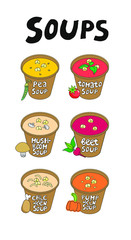 Menu set of hand drawn soups in craft boxes in doodle style