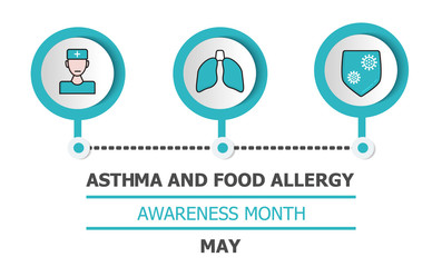 Asthma and food allergy awareness month is celebrated in USA in May. Asthmatic info-graphic vector for health care banner, flyer. Patient, doctor, disease icons are shown.