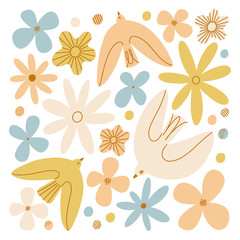 Gentle birds and flowers composition, vector illustration