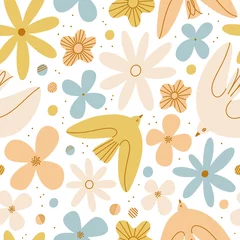 Tuinposter Gentle birds and flowers vector seamless pattern © Stolenpencil