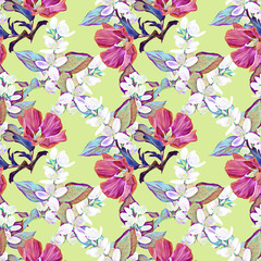 Jasmine and exotic flowers seamless pattern.