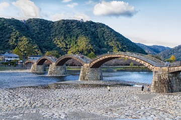 Kintai Bridge (Kintaikyo) Famous Arch bridge (Brocade Sash Bridge) and Panorama Iwakuni Landmark Cityscape Skyline, Hiroshima, Yamaguchi, Japan