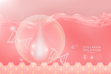 Hyaluronic acid skin solutions ad, pink collagen serum drop with cosmetic advertising background ready to use, illustration vector.