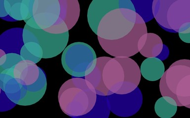 Multicolored translucent circles on a dark background. Pink tones. 3D illustration