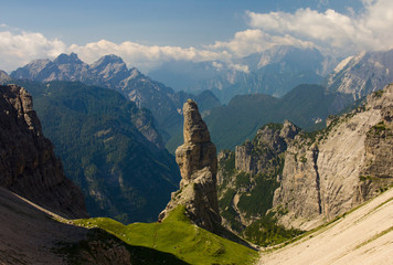The Campanile di Val Montanaia is a rock tower surrounded by the mountains in Friuli, Italy