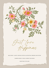 Wild roses. Wedding invitation. Vector floral illustration. Branch with pink and white roses
