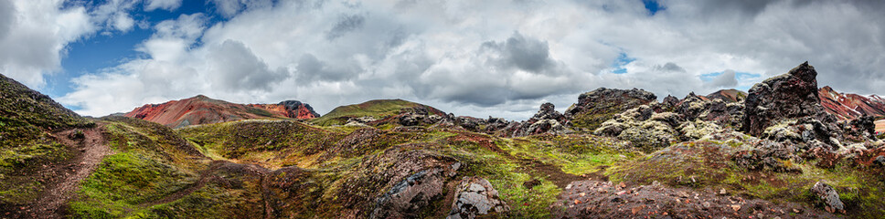 Panoramic view over iconic colorful rainbow volcanic mountains Landmannalaugar in Iceland