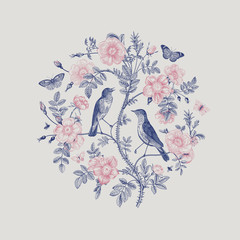 Image of Birds and butterflies are in wild roses. Round Vector vintage classic floral composition. Blue and pink printed on Printed Glass Splashbacks