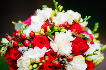 Wedding bouquet in the park. Bouquet of delicate flowers.
