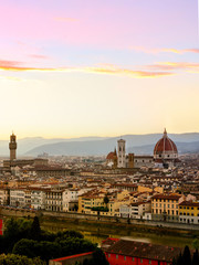 Florence cityscape and skyline panorama during summer sunset. Panoramic view of rooftops, Firenze, Tuscany, Italy