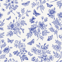 Vintage floral illustration. Seamless pattern. Wild Roses with butterflies. Blue and white. Toile de Jouy.