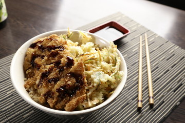 Bowl of rice and fried chicken