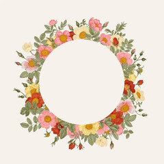 Round frame with wild roses. Vector vintage floral illustration. ..
