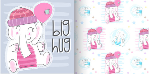 Big Hug from Elephant with Seamless Pattern