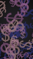 Gray translucent dollar signs on dark background. Gray tones. 3D illustration