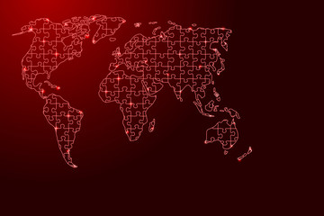World map from red pattern from composed puzzles and glowing space stars. Vector illustration.